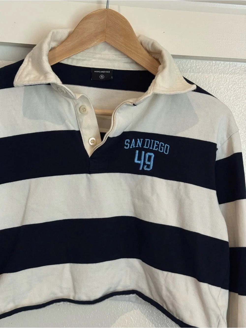 Hype & Vice Striped Rugby Crop Top S Navy White Long Sleeve Collegiate Preppy